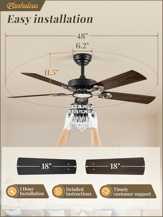 48 Inch Crystal Chandelier Fan with 22W LED, Fandelier Ceiling Fan with Light, Dimmable, 3CCT, 6-Speeds, Quiet DC Motor, Ceiling Fan Chandeliers, Modern Ceiling Fans for Bedroom, Living Room