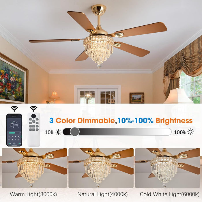 52" Crystal Chandelier Ceiling Fan with Lights - (Modern, Gold)