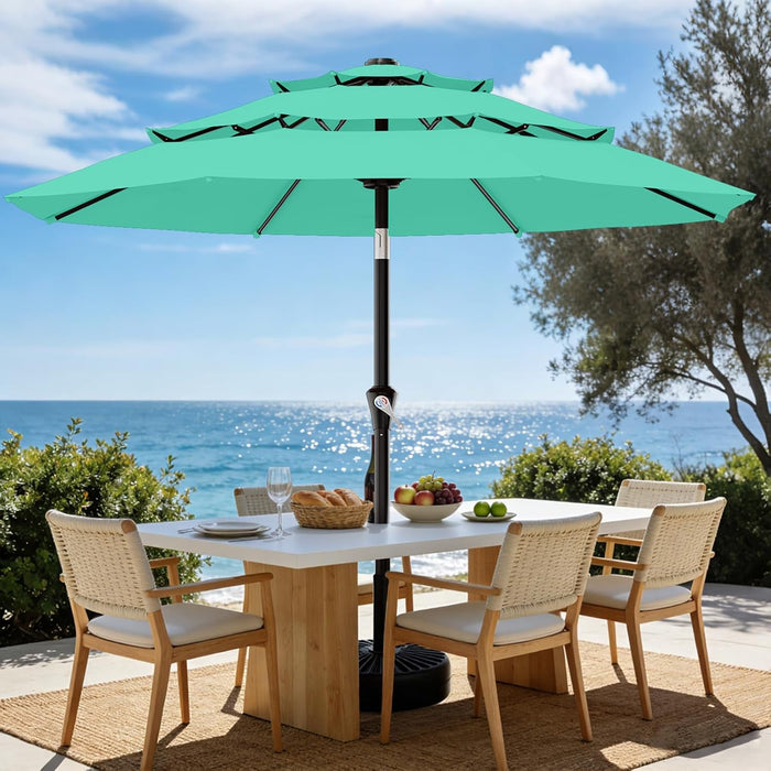 9Ft 3-Tier Patio Umbrellas, Outdoor Umbrella with 8 Sturdy Ribs UV Protection Windproof, Market Table Umbrella W/Push Button Tilt & Crank for Pool, Porch, Deck, Garden(Aruba Blue)