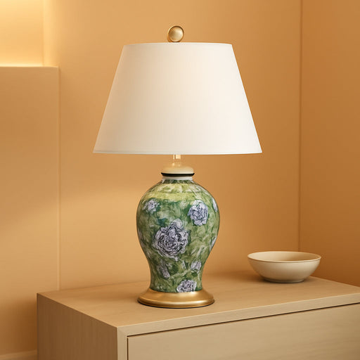 Grace 24" French Country Floral Urn Ceramic Lamp, Green/White