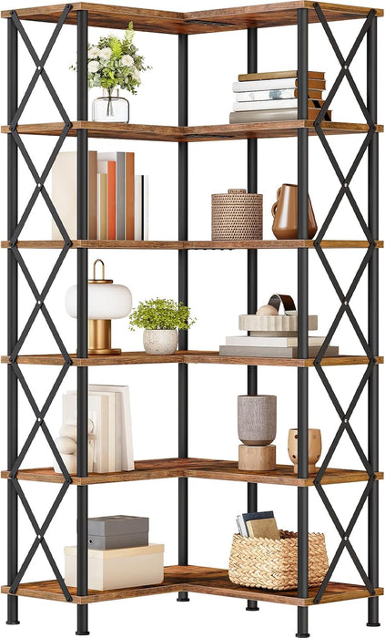 Corner Bookshelf, 6-Tier L-Shaped Bookcase, Industrial Open Display Shelf Tall Storage Organizer, Vertical Storage Rack, for Living Room, Home Office, Rustic Brown and Black BF61SJ01