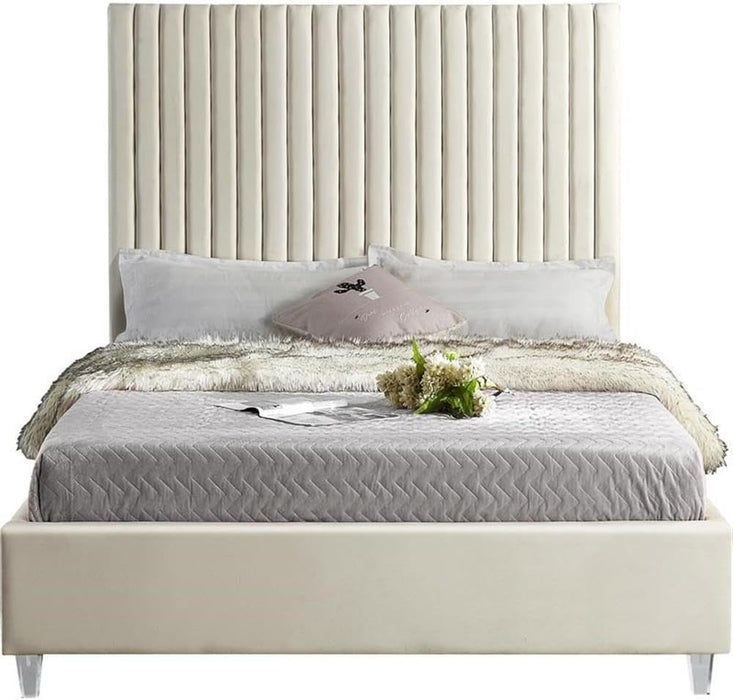 Candacecream-Q Candace Collection Modern | Contemporary Velvet Upholstered Queen Bed, Cream Velvet Fabric, Deep Channel Tufting, Acrylic Legs, 65" W X 86" D X 65" H, Cream, Queen