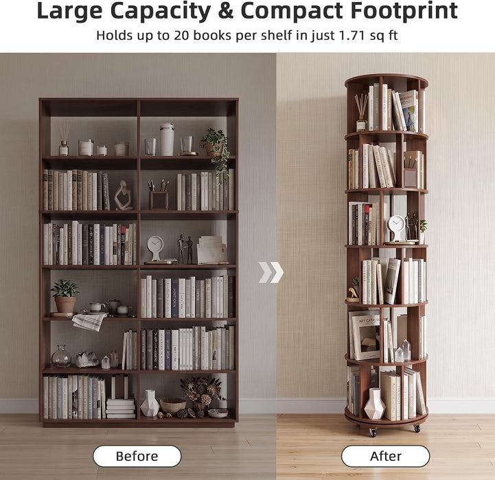 6-Tier Solid Wood Rotating Bookshelf on Wheels for Small Spaces
