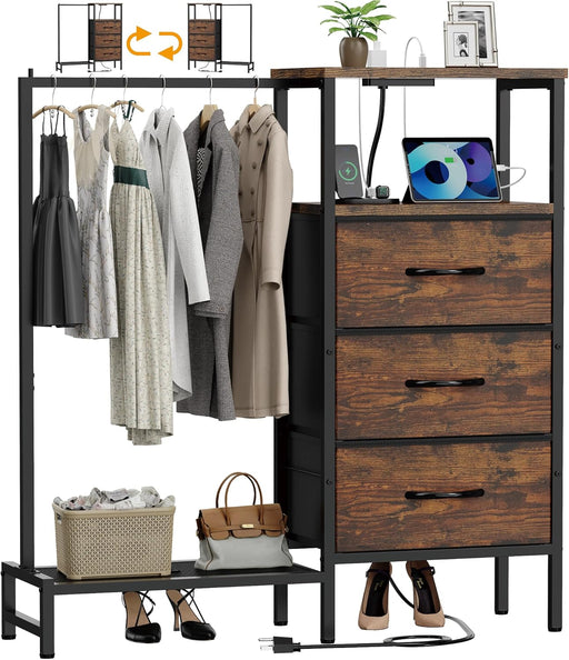 Dresser for Bedroom with Hanging Rack, 3 Drawers Closet with Charging Station, Fabric Chest of Drawers with Clothes Rack, Storage Organzier for Hallway Entryway, Brown