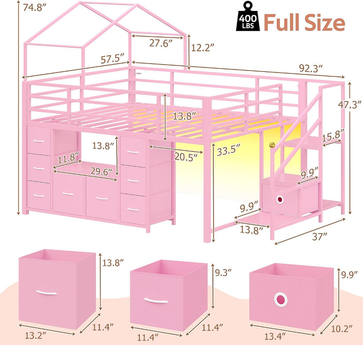 Pink Full Size LoftBed With Integrated Illumination