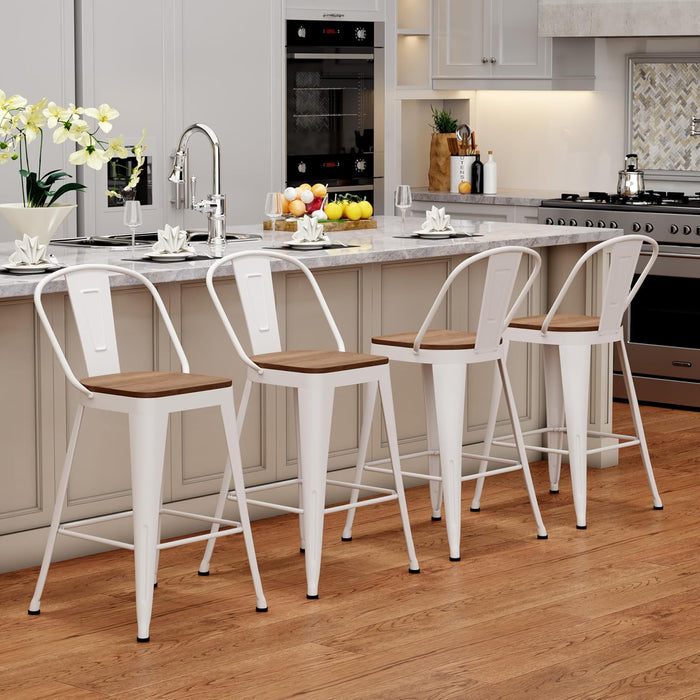 24" Metal Counter Height Bar Stools with Back Set of 4 Off-White | Modern Farmhouse Barstools with Large Seat, Footrest, High Back Counter Bar Chairs for Kitchen Island, Dining Room