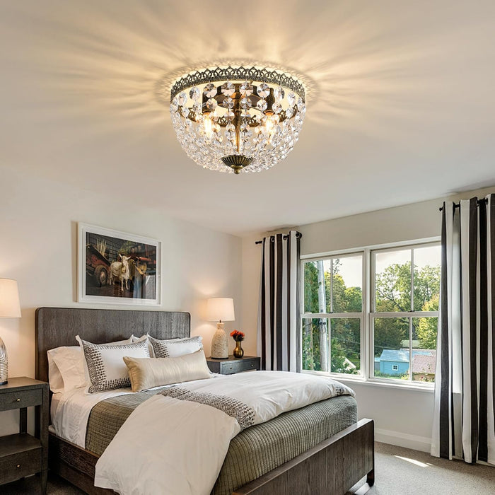 3 Lights French Empire K9 Crystal Flush Mount Chandelier Lighting Antique Ceiling Light Fixture for Dining Room Entrance Hallway Bedroom Kitchen Bathroom Bar, E12 Bulbs W12 .6 Inch X H8.27Inch