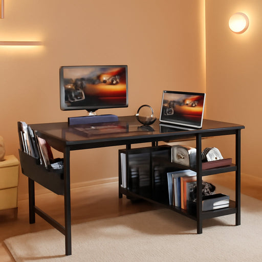 40 Inch Small L Shaped Gaming Computer Desk with Power Outlets, Corner Desk with Reversible Storage Shelves & PC Stand for Small Space, Modern Simple Home Office Table, Carbon Fiber Surface, Black