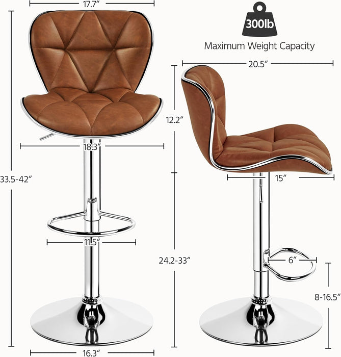 Bar Stools Set of 2, PU Leather Swivel Bar Stools with Shell Back, Armless Counter Height Adjustable Bar Chairs for Home Kitchen, Retro Brown