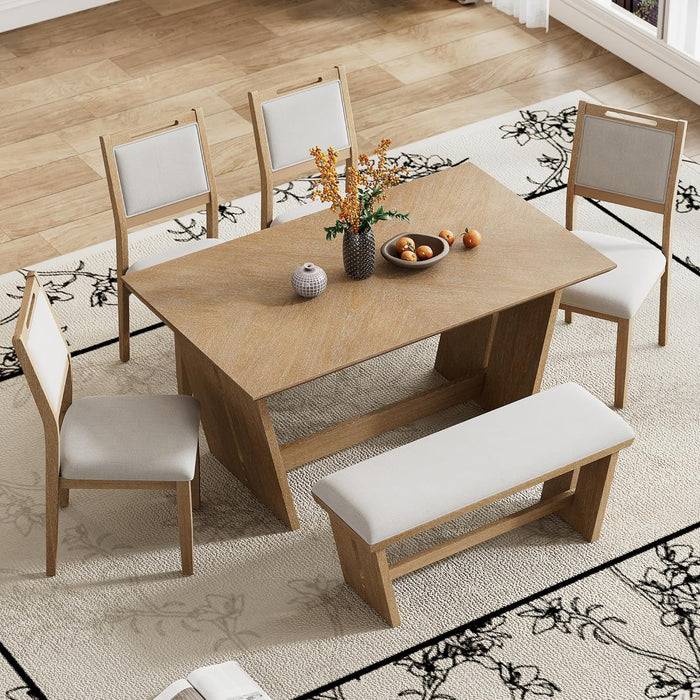 6-Piece Retro Dining Set, 1 Rectangular Table with Stable Trapezoidal Table Base and 4 Upholstered Chairs and 1 Bench for Dining Room and Kitchen, Natural Wood Wash