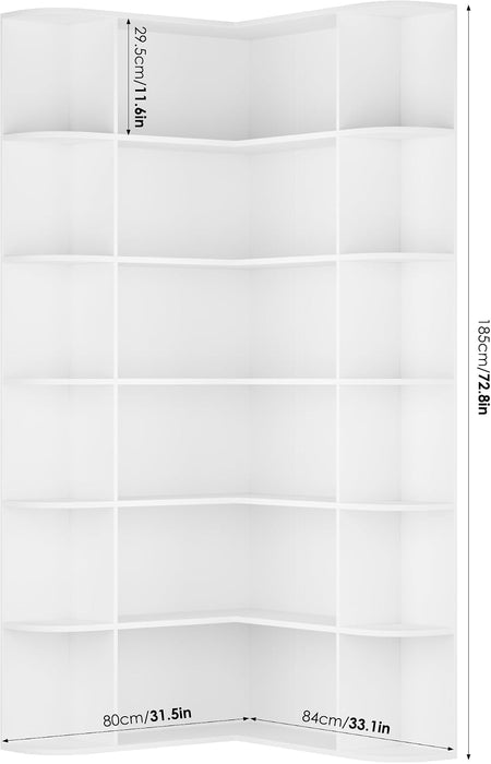 72" Tall Corner Bookshelf, 6-Tier Bookshelf and Bookcase, White | Space-Saving Book Shelf with Open Storage, L Shaped Corner Bookcase for Home Office, Thickened Boards for Heavy Duty