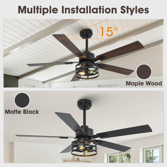 52" Farmhouse Ceiling Fans with Lights and Remote, Outdoor Ceiling Fan Dual Finish 5 Blades 6-Speed Quiet and Reversible DC Motor, Ceiling Fan with Light for Bedroom Living Room and Patio