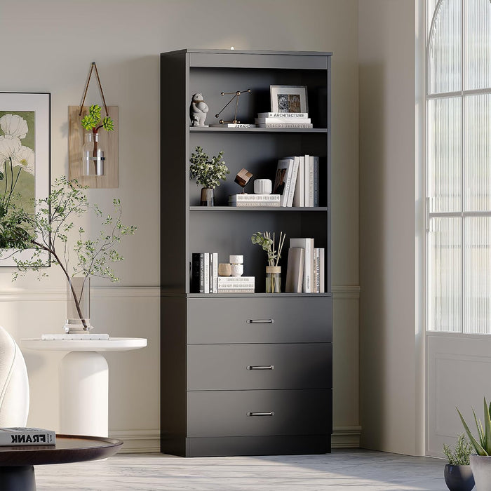 70" H Black Bookshelf with Drawers, Tall Bookcase with 3-Tier Open Shelves, Bookshelf and Bookcase with Storage Cabinet for Home Office,Living Room(Black,6-Tier)