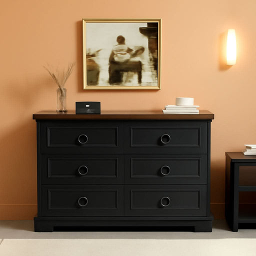 Farmhouse 6 Drawers Dresser for Bedroom, 47.2" W Modern Dresser with round Metal Handle, Thickened Desktop, Wood Rustic Chest of Drawers for Bedroom, Hallway, Entryway, Black