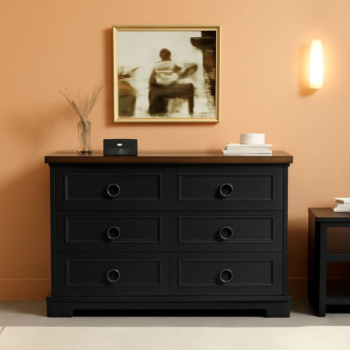 Farmhouse 6 Drawers Dresser for Bedroom, 47.2" W Modern Dresser with round Metal Handle, Thickened Desktop, Wood Rustic Chest of Drawers for Bedroom, Hallway, Entryway, Black