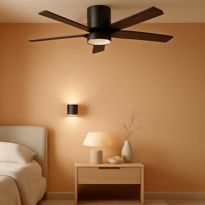 48" DC Flush Mount Ceiling Fan with Lights, 6-Speed Reversible DC Motor, 3CCT, Low Profile Hugger Ceiling Fan for Living Room Bedroom Kitchen, Black Finish and Black/Walnut Blades