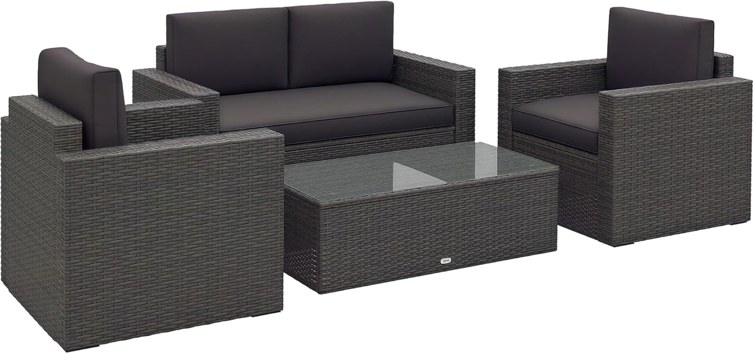4 Piece Wicker Patio Furniture Set with Cushions, Outdoor Sectional Furniture with 2 Sofa, Loveseat, and Glass Top Coffee Table, Conversation Sofa Sets for Garden, Gray