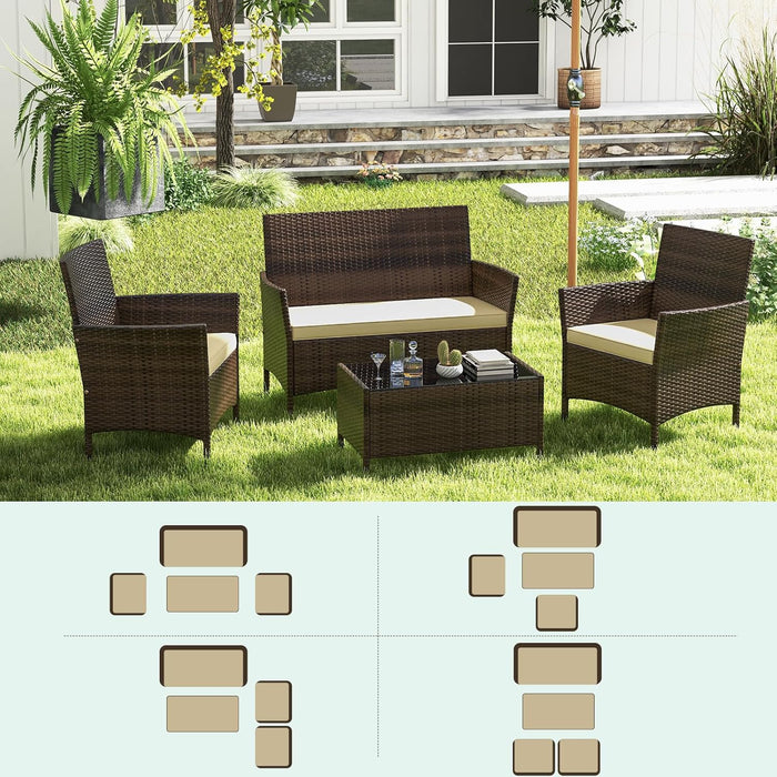 8-Piece Patio Furniture Set - Rattan Outdoor Conversation Bistro Set W/Cushions, Glass Coffee Table, Wicker Chairs & Loveseat for Garden Backyard Porch, Balcony Furniture Set (2, Beige)