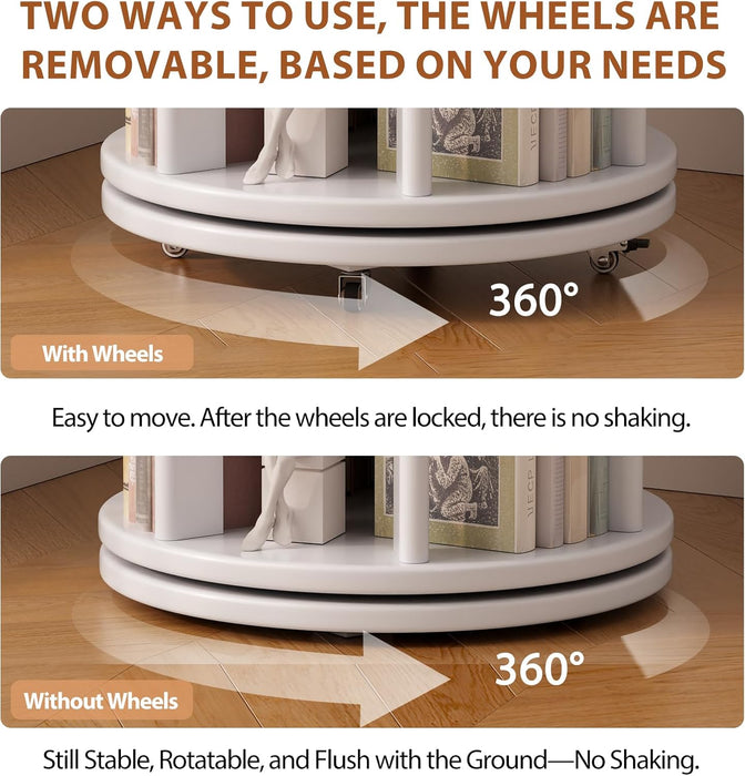 Round 6-Tier Rotating Bookshelf Snow-White On Wheels