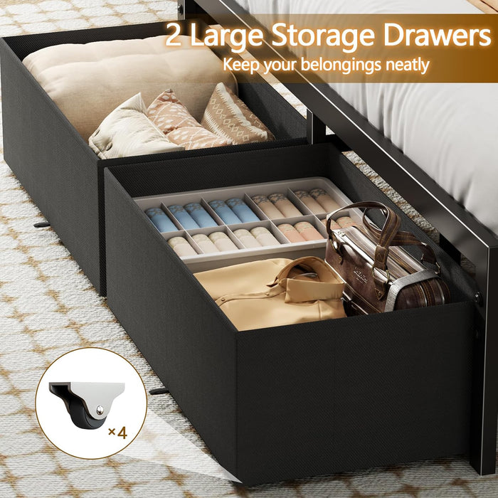 Queen Bed Frame with Storage Headboard,Charging Station,2 Drawers