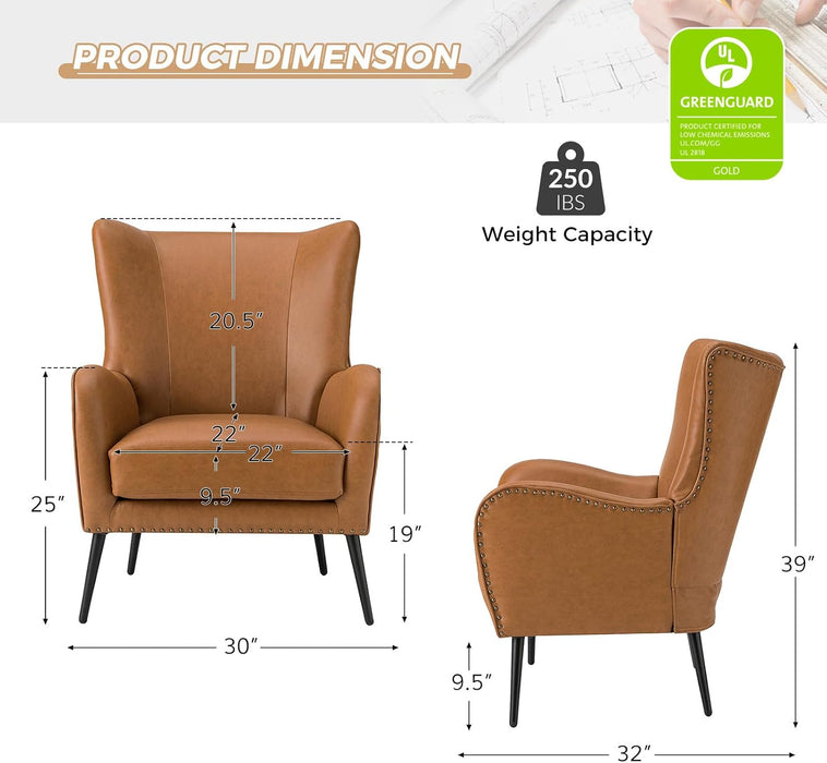 Faux Leather Accent Chair W/Removable Cushion, Comfy Upholstered Armchair with Black Metal Legs & Nailhead Trim Wingback Vanity Chair Desk Chair for Reading Living Room Bedroom, Camel