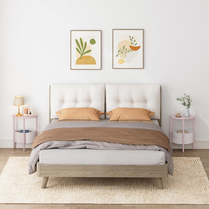 Small round Side Table, Accent End Table with Storage Basket, Set of 2 Half round Coffee Table End Table, Half Moon Bedside Table, Modern Nightstand Couch Table for Living Room Bedroom, Pink