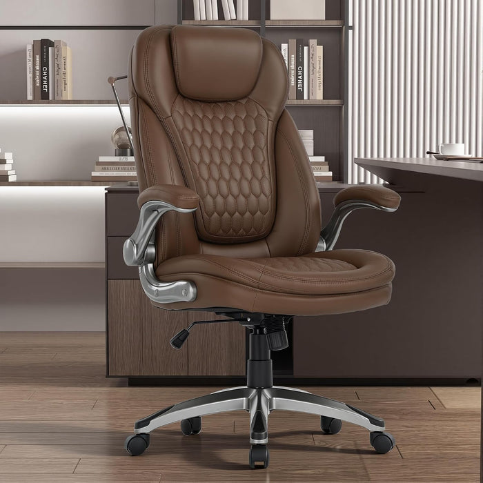 Executive Office Chair-Ergonomic Computer Desk Chair, High Back Leather Chair with Padded Flip-Up Arms, Swivel Home Office Chair Upgraded Caster, Brown