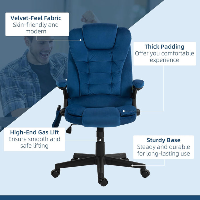 6 Point Vibrating Massage Office Chair with Heat, Velvet High Back Executive Office Chair with Reclining Backrest, Padded Armrests and Remote, Drak Blue