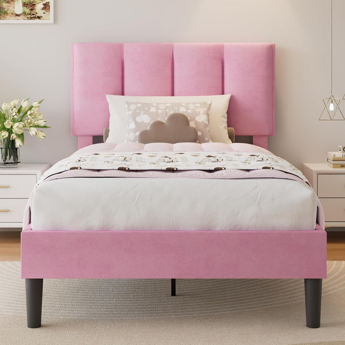 Twin Size Bed Frame with Upholstered Headboard, Velvet & Pink