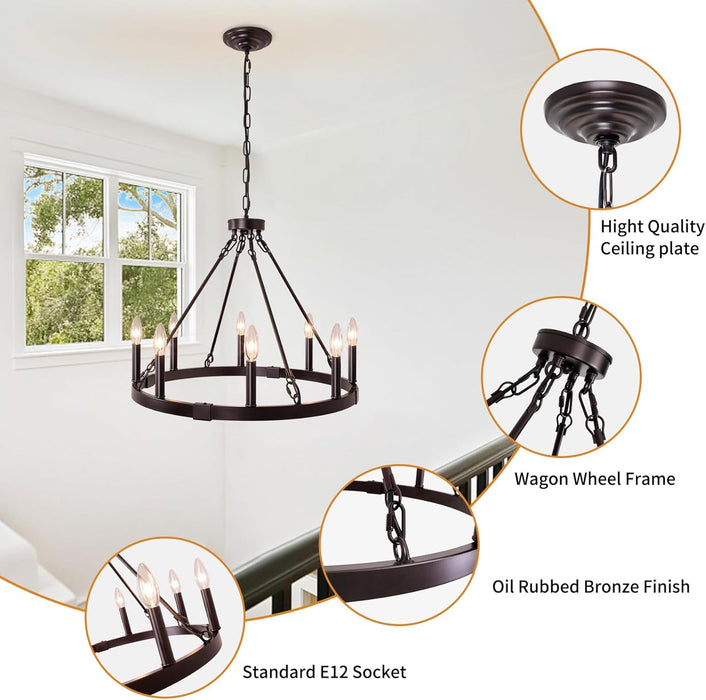 8 Light Wagon Wheel Chandelier, 23.6" Oil-Rubbed Bronze Dining Room Light Fixture with Adjustable Height, Industrial Hanging Lights for Living Room Bedroom Foyer Entryway,E12 Base