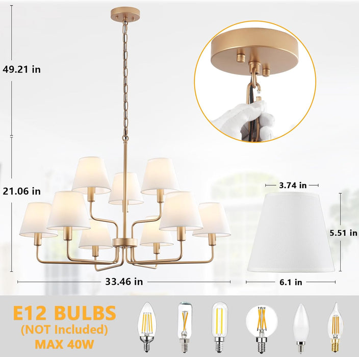 33" Gold Chandelier for Dining Room Light Fixture with White Fabric Shades, 9-Light Brass Modern Farmhouse 2 Tiered High Ceiling Lantern Chandelier Pendant Light for Foyer Entryway Living Room Kitchen