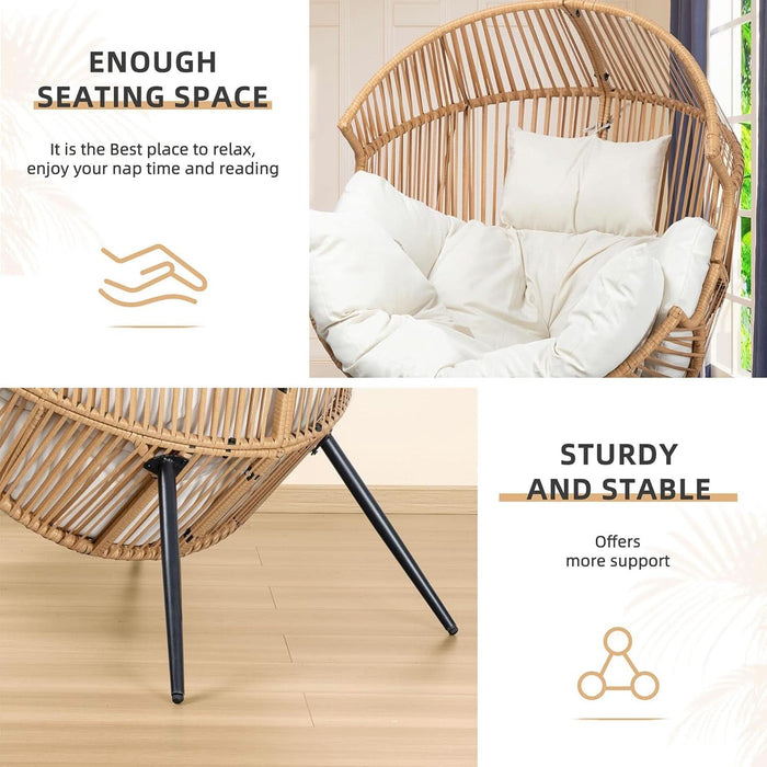 Outdoor Wicker Egg Chair PE Rattan Chair with Cushion, Oversized Patio Lounge Chair for Outdoor, Indoor, Balcony, Backyard, Garden, Beige