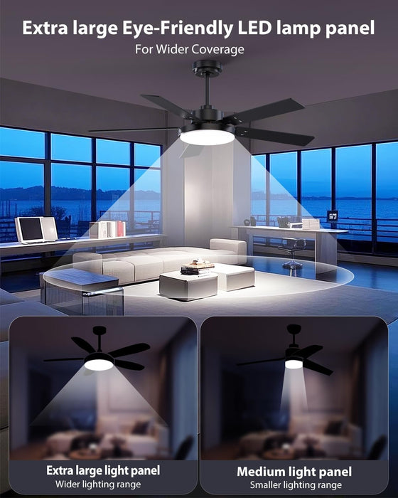 52 Inch Black Ceiling Fan with Light and Remote/App, Ceiling Fans with Lights, 3CCT, Reversible 6 Speeds Quiet, Black Modern Ceiling Fan with Light for Indoor Outdoor Bedroom Patio Living Room
