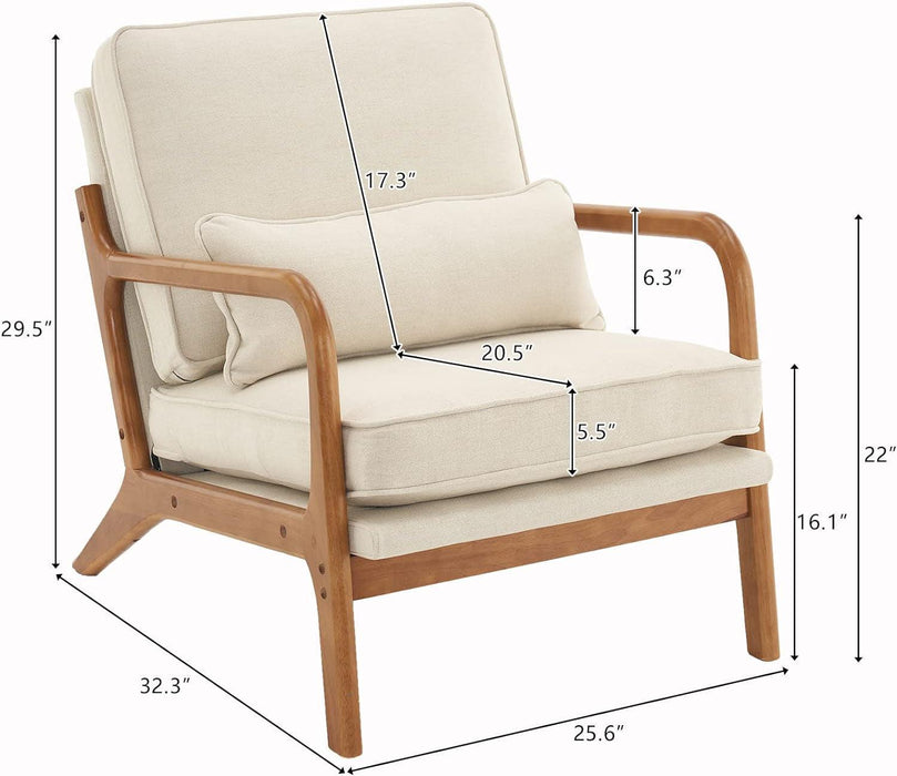 Accent Chair Mid-Century Modern Chair with Pillow Linen Fabric Upholstered Lounge Arm Chair with Solid Wood Frame & Soft Cushion for Living Room, Bedroom, Balcony, Beige
