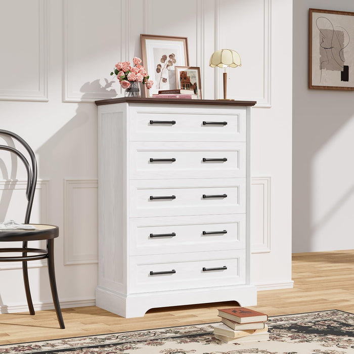 Tall Dresser for Bedroom, Farmhouse 5 Drawers Dresser, White&Brown