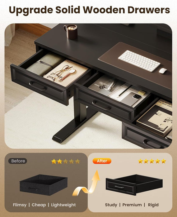Electric Standing Desk with 3 Wooden Drawers, 48 Inch Height Adjustable Desk with Power Outlets & LED Lights, Black Sit Stand Table with Monitor Stand for Home, Office, Workstation