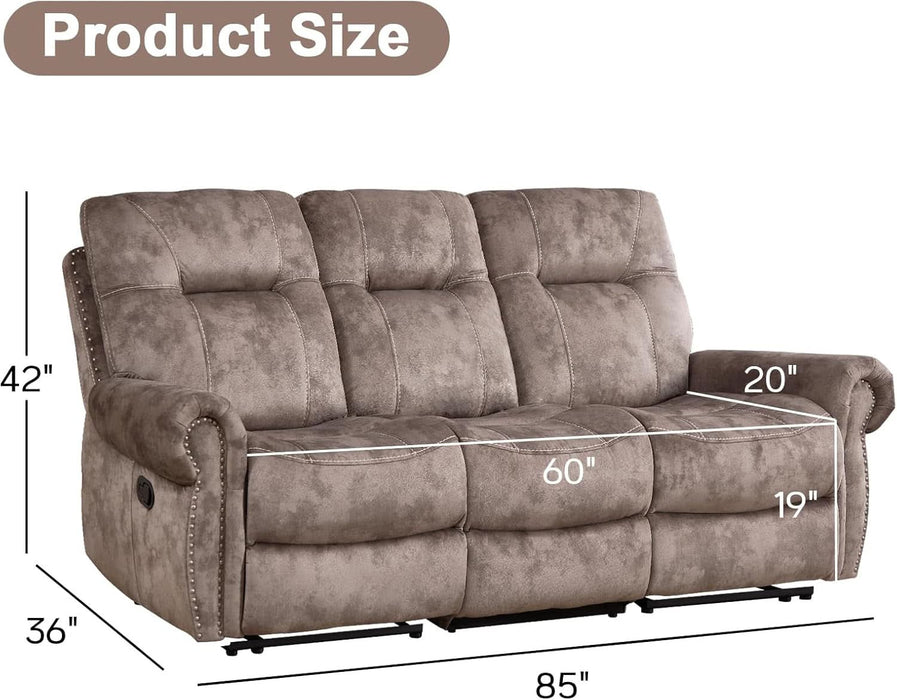 Manual Recliner 3 Seat Sofa Couch, Soft Fabric 3 Seater Reclining Couch Chair, Vintage Rivet Mid-Century Design Furniture for Living Room, Meeting Room, Brown