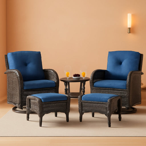 Small Conversation Sets Patio Funiture - 5 Piece Outdoor Swivel Rocker Wicker Furniture Sets with Ottomans Side Table Perfect for Patio Deck Backyard, Brown Wicker Blue Cushion