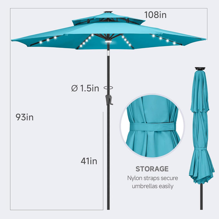 2 Tiers 9Ft Solar Light Patio Umbrella, 40 LED Lights Outdoor Umbrella with Centre Surround Light, Table Market Umbrella for Deck, Pool, Porch, Backyard, Garden (Aqua Blue)