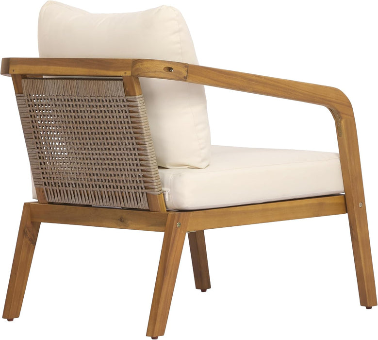 Kai 4 Piece Patio Furniture Set with Slatted Coffee Table, Outdoor Sofa Set with PE Wicker Backrest & Cushions, Acacia Wood Conversation Set for Backyard,Cream+Light Brown+Teak