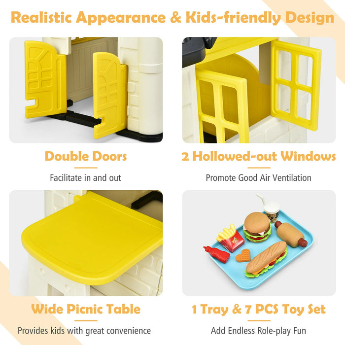 Kid'S Playhouse Games Cottage W/ 7 PCS Toy Set & Waterproof Cover Yellow