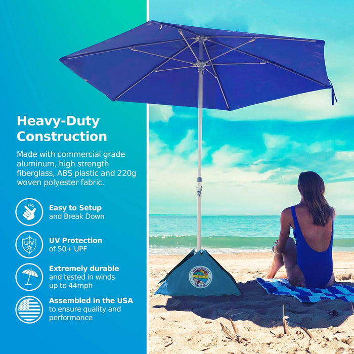 ALL-IN-ONE BEACH UMBRELLA SYSTEM. Includes ULTRA Base (Compliant with the ASTM F3681-24 Beach Umbrella Safety Standard). (Deep Ocean Blue)