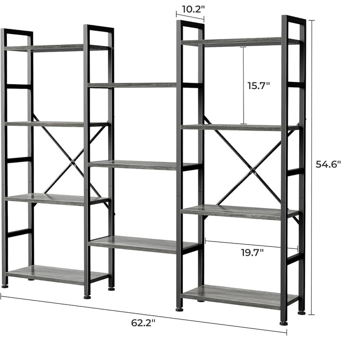 Triple 4 Tier Bookshelf, Bookcase with 11 Open Display Shelves, Wide Book Shelf Book Case for Home & Office, Grey