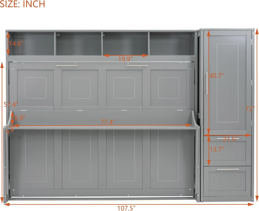 FullSize Murphy Wall Bed BuiltInCloset Drawers Gray