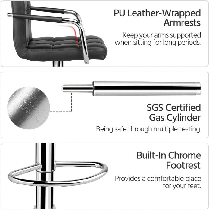 Bar Stools Set of 2, PU Leather Adjustable Swivel Barstools, Hydraulic Kitchen Counter Height Bar Chairs with Armrest and Back for Bar, Kitchen, Dining Room, Black