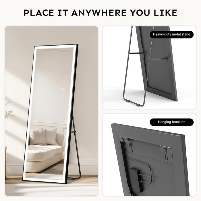 56×18 LED Full Length Mirror with Lights - Wall Mounted Vertical Vanity Mirror for Bedroom & Bathroom, Full Body Backlit, Adjustable Brightness, Tempered Glass