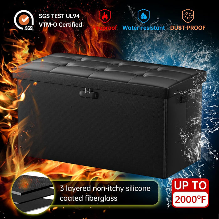 Storage Ottoman Bench with Lock,Fireproof 30 Inches Folding Bench Foot Rest Stool Storage Chest Safe for Living Room,Bedroom,Home Office,Waterproof Leather Ottoman with Handles,Black