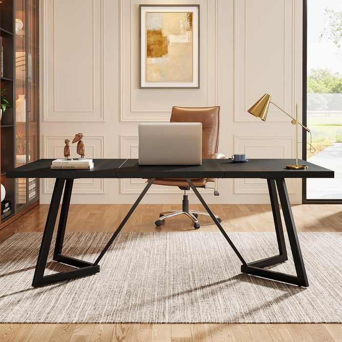 70.86-Inch Large Executive Desk, Modern Computer Office Desk Workstation with Metal Frame, Rectangular Laptop Desk Study Writing Table for Home Office (Black)