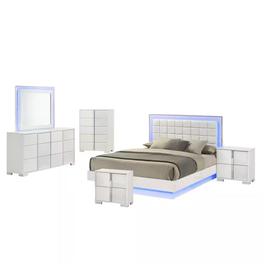 Elma 6-Piece White Lacquer Faux Leather Wood Frame Queen Platform Bedroom Set with LED