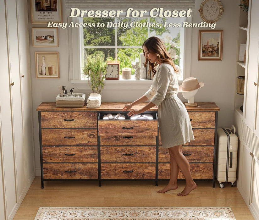 63 Inch Long Dresser for Bedroom, TV Stand for 65, 70 Inch TV, 12 Drawer Dresser for Closet, Chest of Drawers, Large Fabric Drawers for Bedroom, Media Console, Rustic Brown